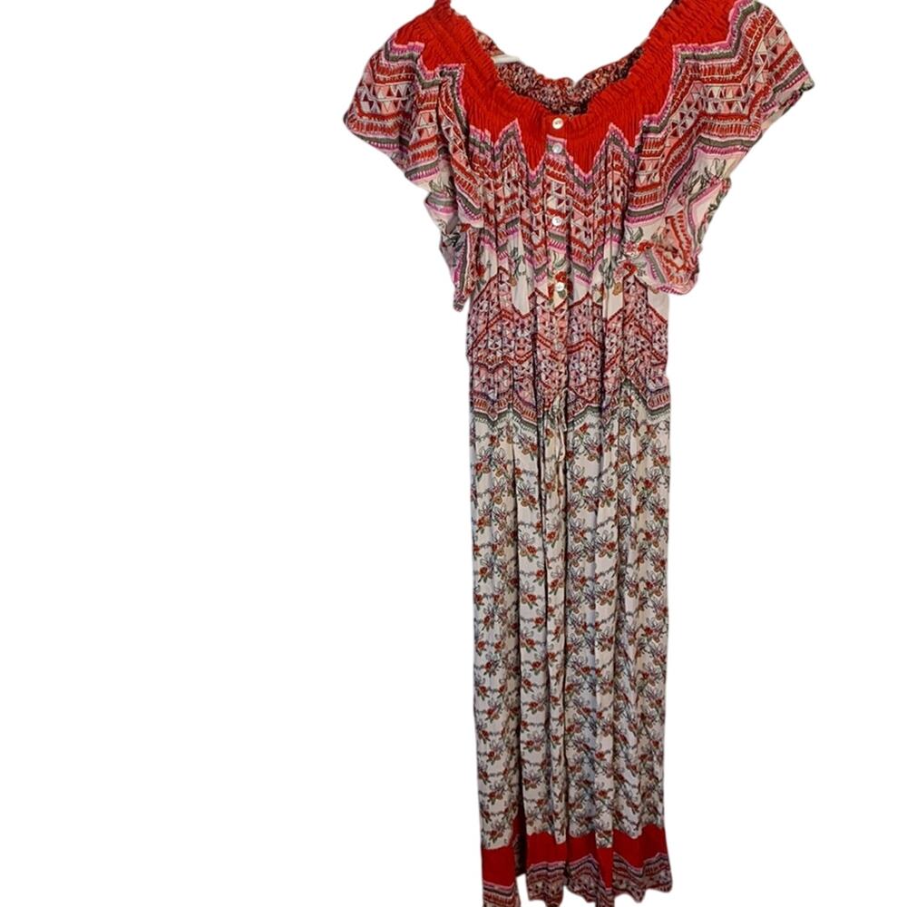 Patrons of Peace Ruffle Drawstring Waist Red Print Maxi Dress NEW W-722 Sz S